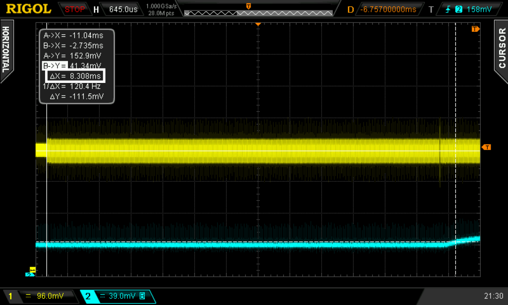 Input lag of the BenQ monitor, measured with a photodiode circuit.