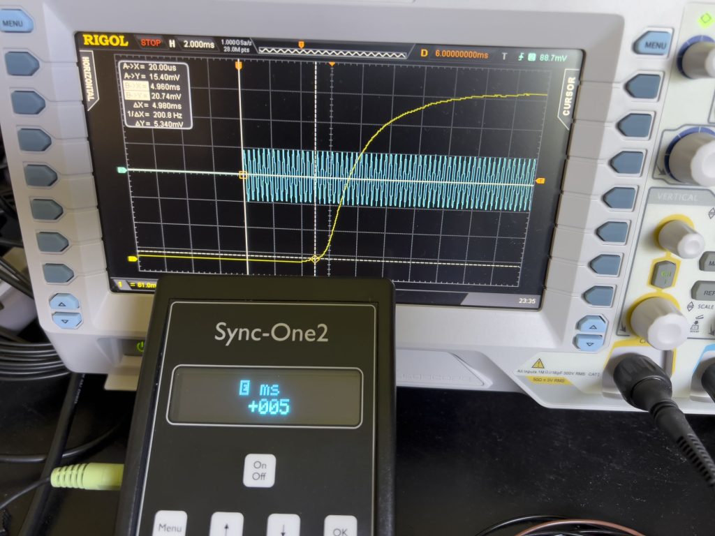 Photo of Sync-One2 showing the same as the oscilloscope measurement